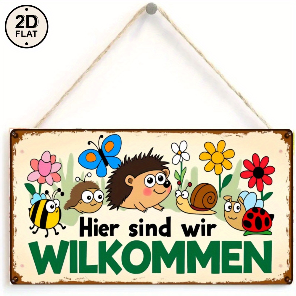 2d Flat, Retro Metal Sign Multicolor Hedgehog, Flowers, And Bugs Sind Wir Plaque For Home Decor2dflat, 2d Flat