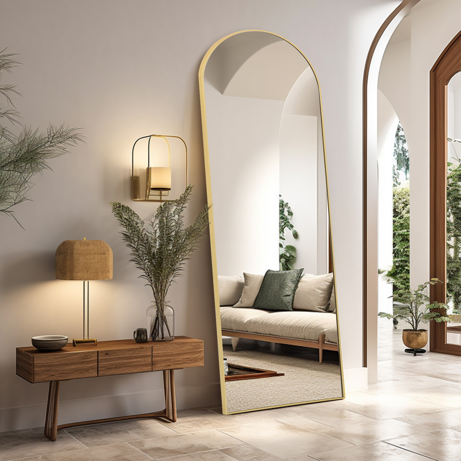Elegant Arched Full-Length Mirror with Decorative Golden Frame