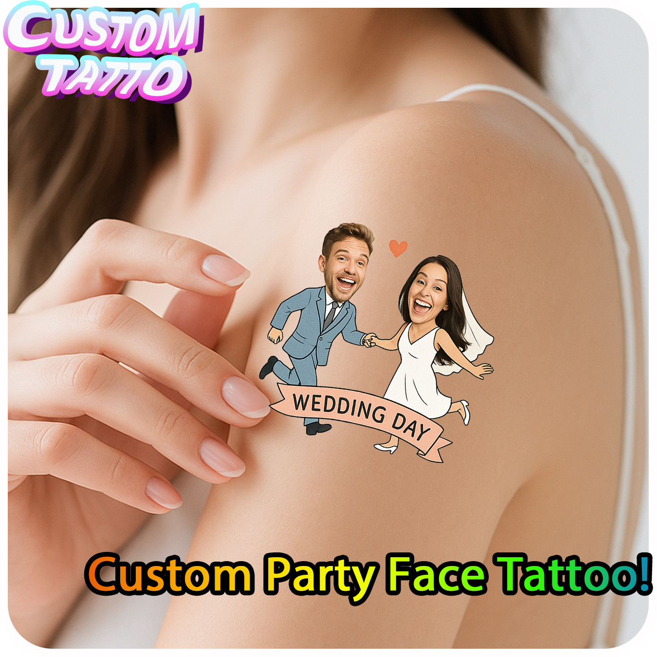 TEMU Autocollant de tatouage photo personnalisé pour couple de mariage tenant - et personnalisé de robe de mariée avec des accents de cœur,