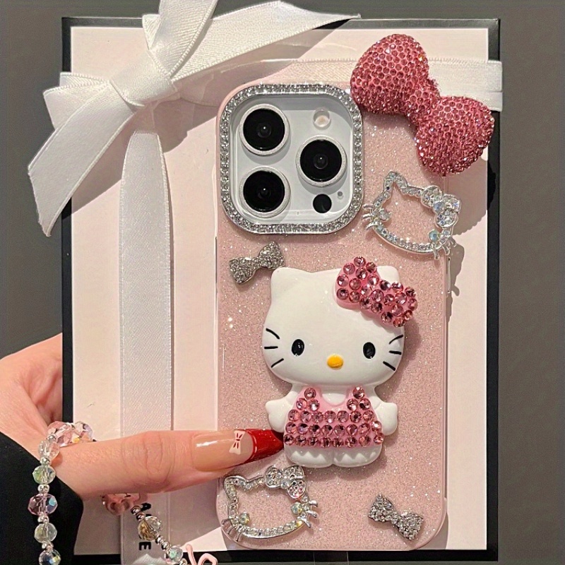Korean-Style Sparkling 3D Diamond for hello kitty Bow Phone Case Suitable for Iphone 16 Pro Max, New Model for Apple 15 Pro, Perfect for, Light Luxury Design for 14 Pro, And Protective Case for 13