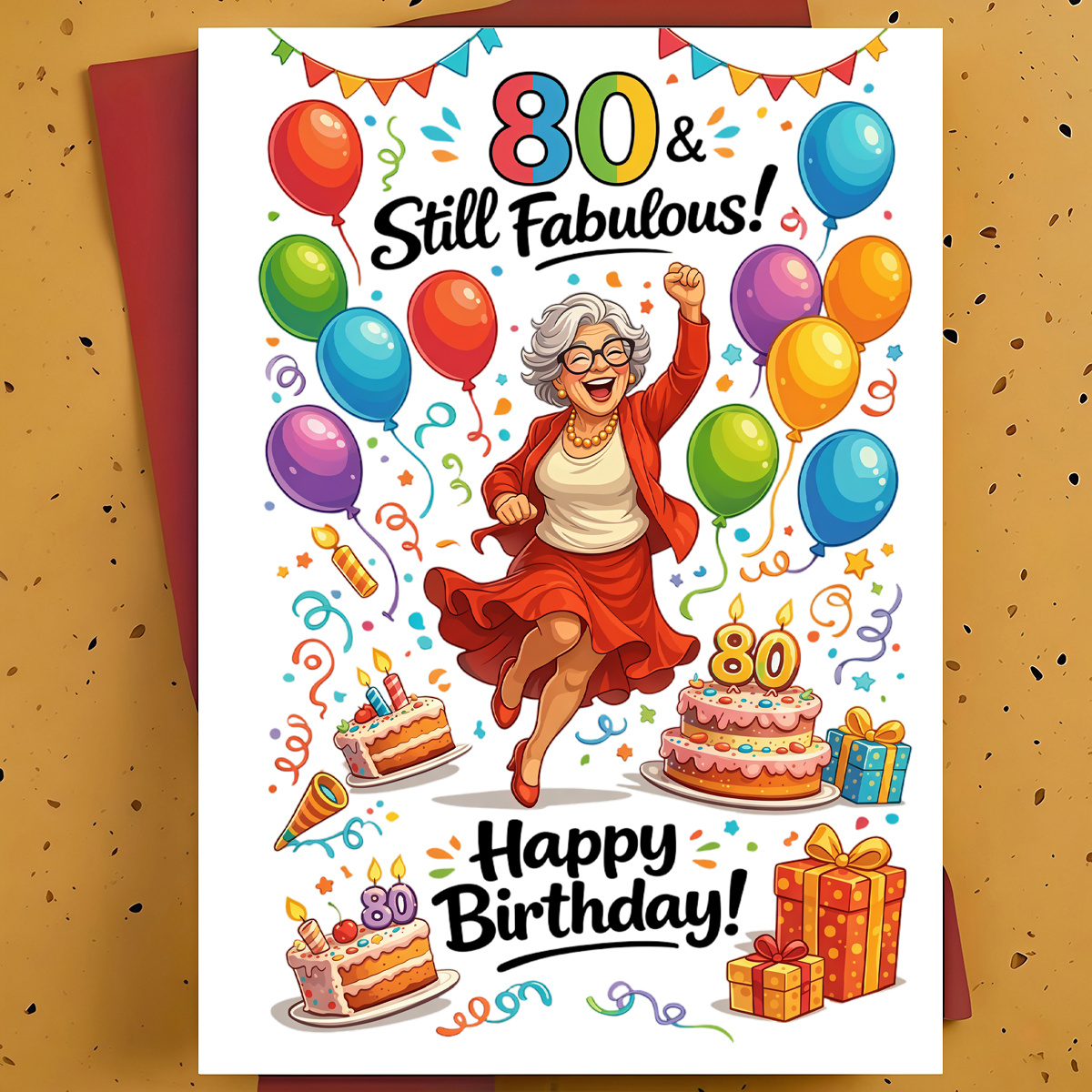 TEMU 1pc Fun And 80th Birthday Greeting Card For Grandma, Aunt, Close Female Friend - Celebratory Senior Woman, Birthday Cakes And Balloons Cartoon