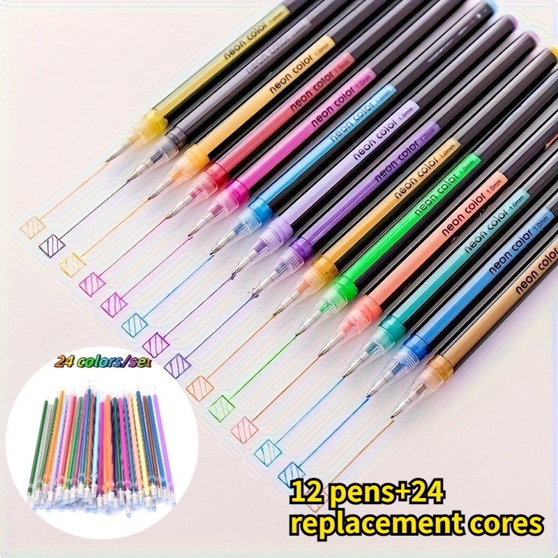TEMU 36pcs Set Of Colorful Glitter Gel Pens - 12 Pens + 24 Refills, Suitable For Students, Artists, And Office Use For Smooth Writing, Drawing,