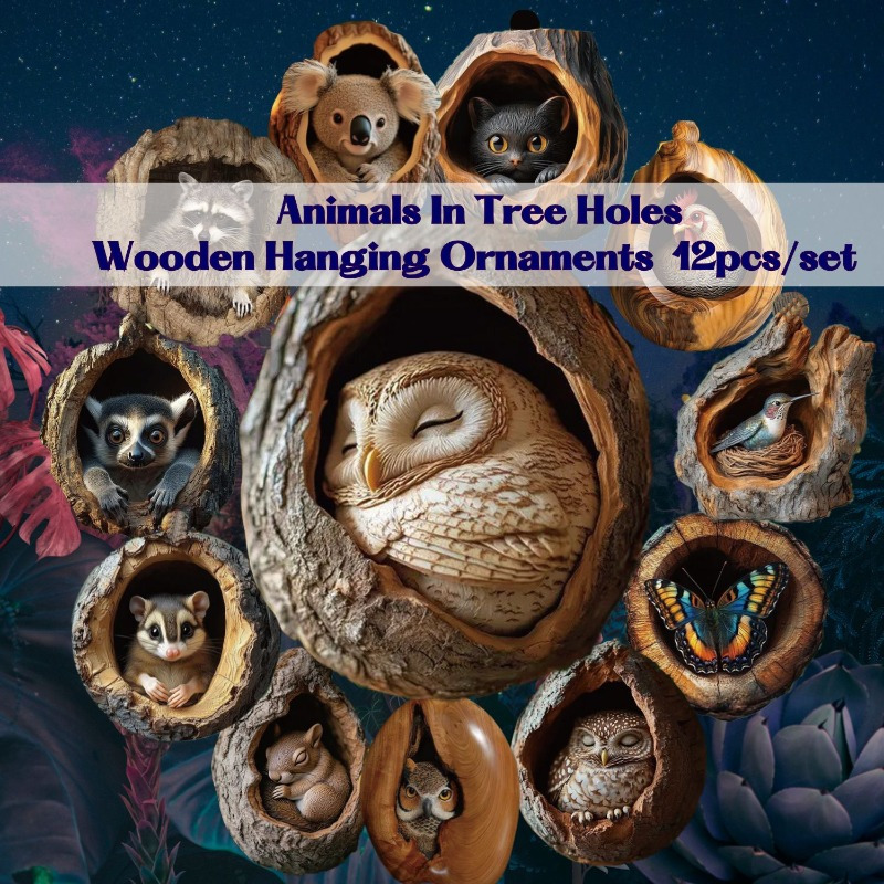 

2d Flat, 12pcs/set - Animal Decorations In Tree Holes -2d Flat Wooden Ornaments Suitable For Decorating Trees, Rooms, And Fireplaces, Holiday Gift Label Accessories, Room Decor