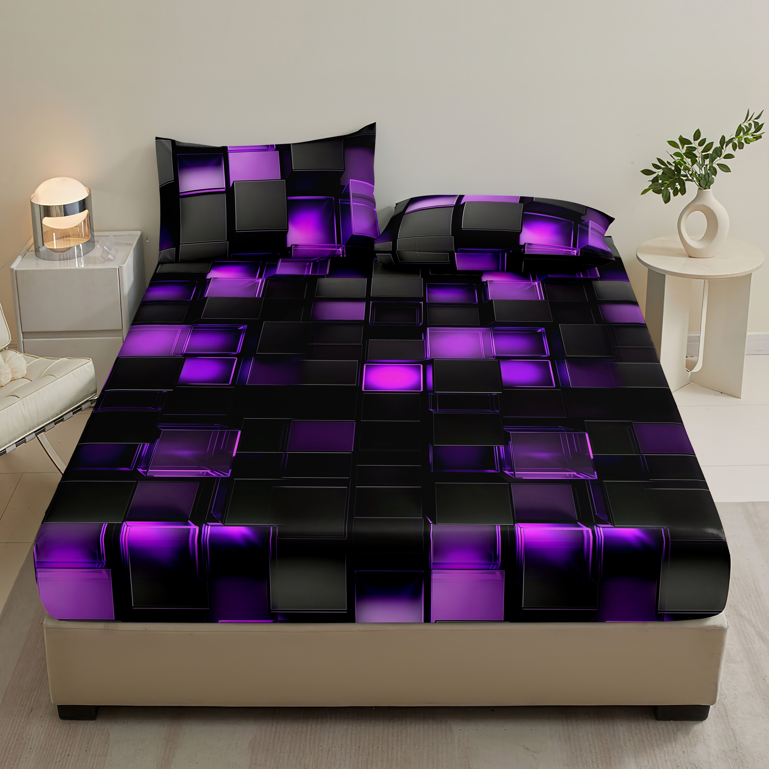3pcs Soft Breathable Geometric Bedding - Includes Fitted Sheet And 2pcs Pillowcases Without Pillow Inserts, Suitable For , Machine Washable
