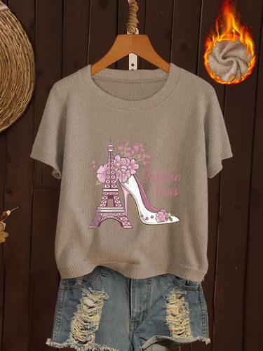 This Women'S Fashion Short-Sleeve T-Shirt Features a Design Inspired by The Eiffel Tower And High Heels, Adorned with Pink Floral Patterns. It'S a Casual Round-Neck Top