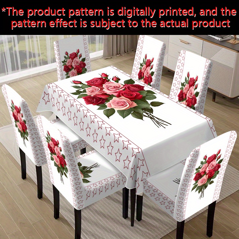 TEMU 5pcs/7pcs Chair Cover Tablecloth Set, 1 Tablecloth   4 Chair Covers Or 1 Tablecloth   6 Chair Covers, Romantic Rose Pattern Digital Printing,