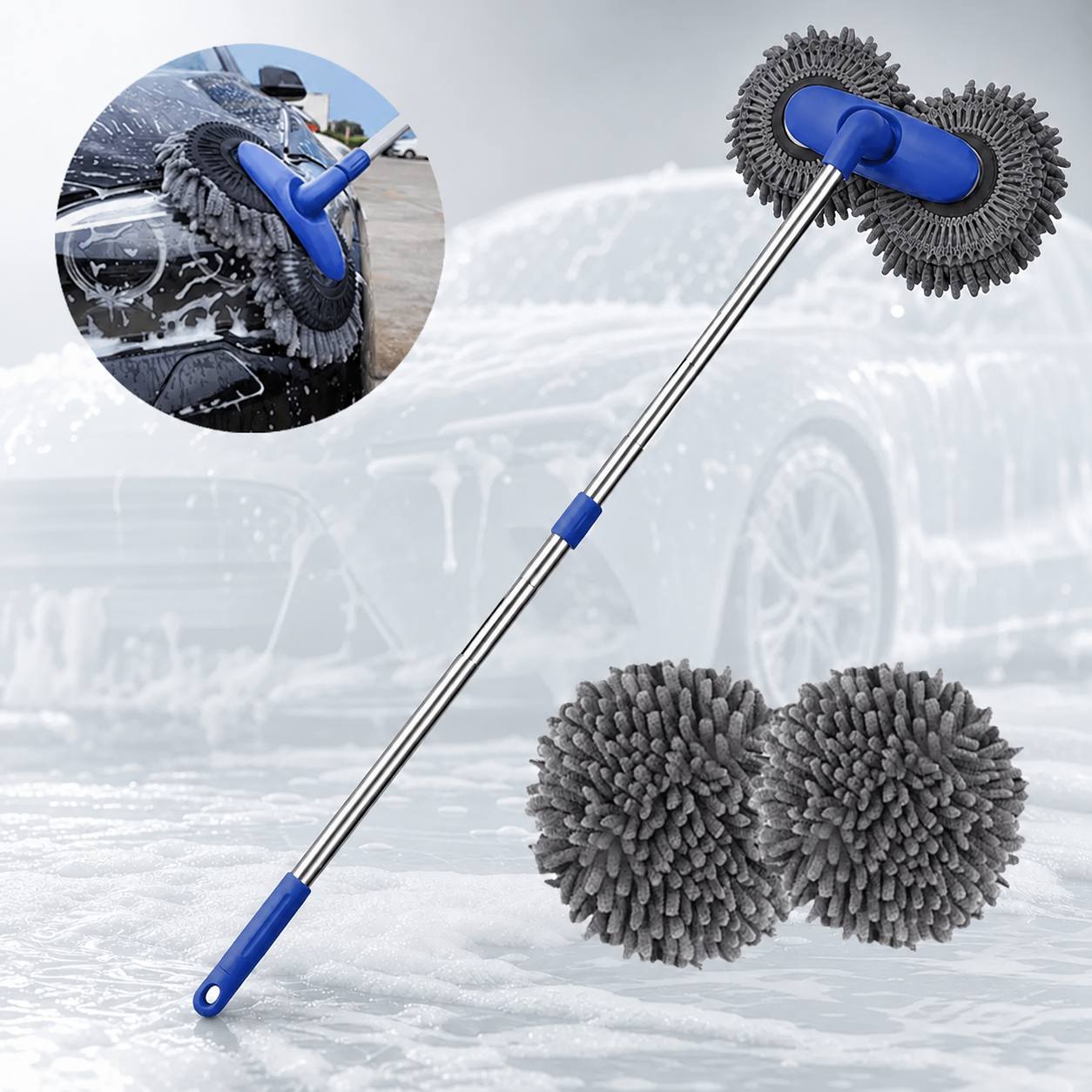TEMU 2 Section Double Head Car Wash Mop With Double Microfiber Brush Head, Detachable Long Handle Cleaning Tool For Vehicle Roof Window Suv Truck Rv