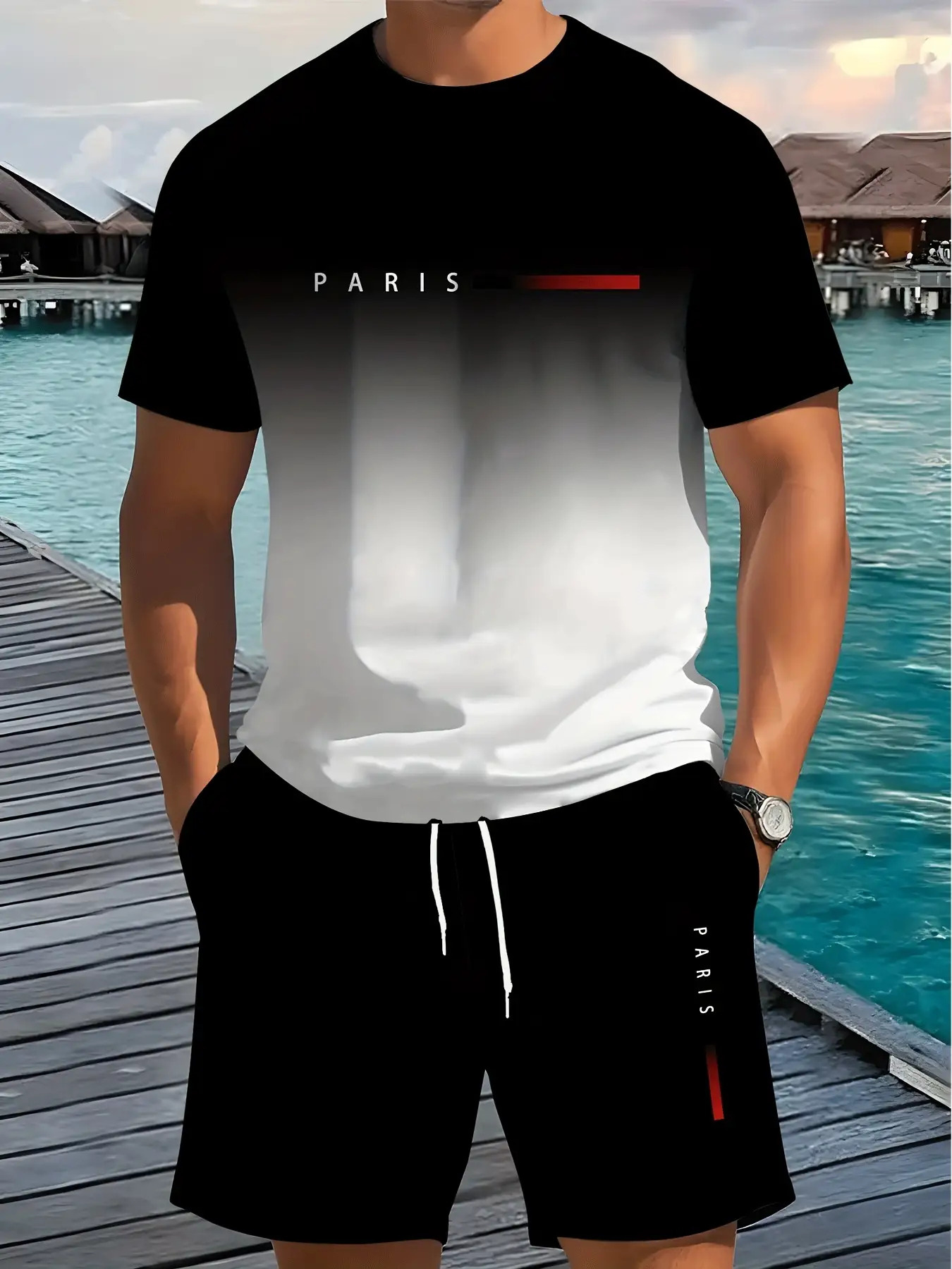 [gedrucktes design – keine struktur] 2er-set modische freizeit-sportbekleidung, rot-weiß-gradient-design, natürlicher farbübergang erzeugt einen dynamischen und leuchtenden visuellen effekt. das t-shirt ist mit dem   paris auf der vorderseite bedruckt, mit schwarzer linienverzierung.