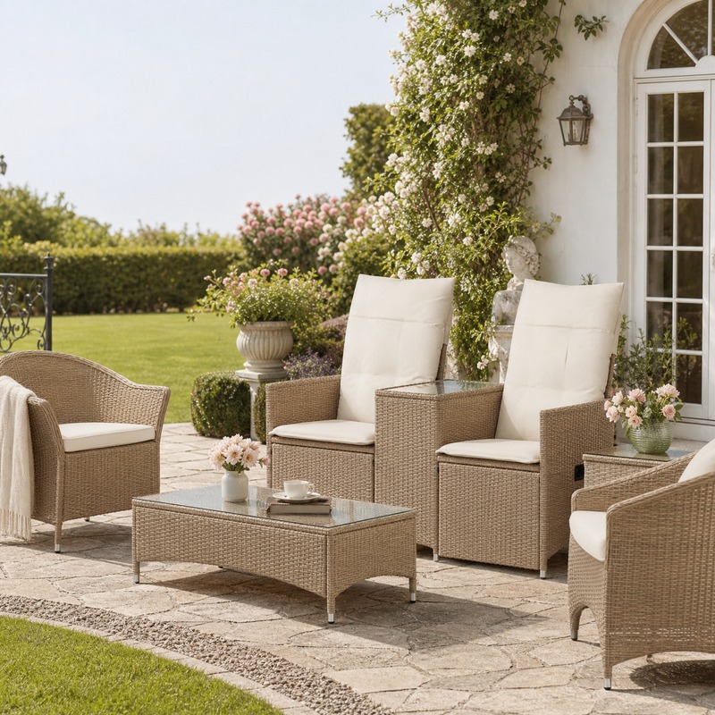 Image of Patio Sofa Set, Outdoor Leisure Sofa Combination, Garden Rattan Sofa Set, Adjustable Gartensofa With Table Beige Poly Rattan, Courtyard Leisure, Garden Party Reception, Balcony Sunbathing