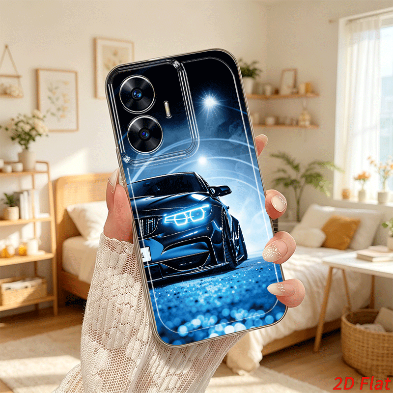 item picture phone case blue neon sports car 2d flat pattern phone case for realme   pro 11 12 13 pro 14 14x 15 16  33 c35 c51 c53 c55 c63 c65 c67 c71 c75 c75x c85 pro note 50 60 70 fashion cute transparent anti fall tpu phone case