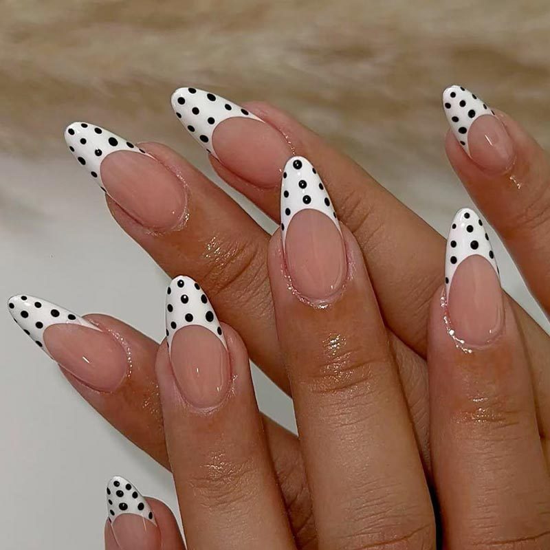 TEMU 24pcs Long Almond-shaped Wearable Nails White Border Black Polka Dot Nail Stickers Removable False Nails