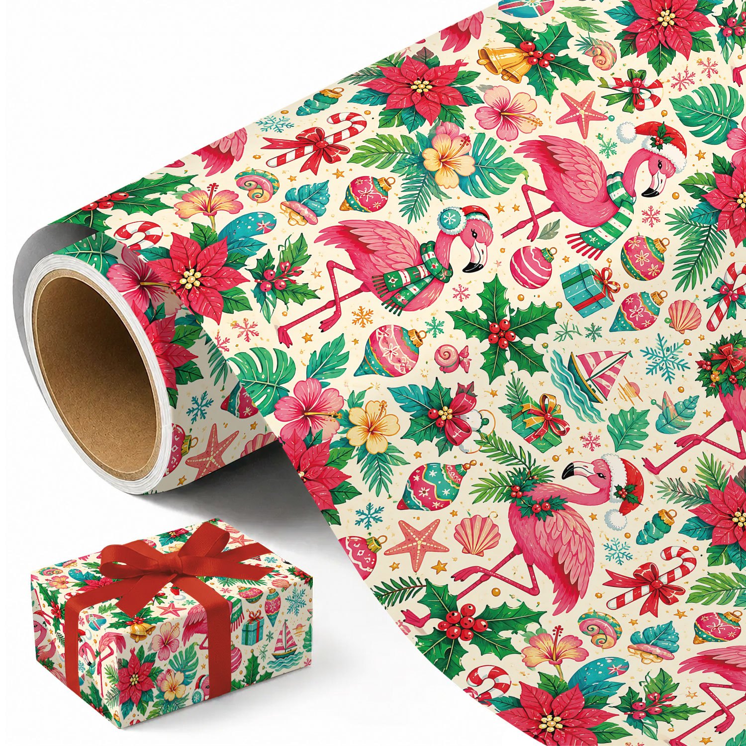 TEMU 1 Rouleau de de Noël Rose, Tropical Lumineux et Fantaisiste avec des Flamants Roses, des Chapeaux de Père Noël, des Écharpes Tricotées, des