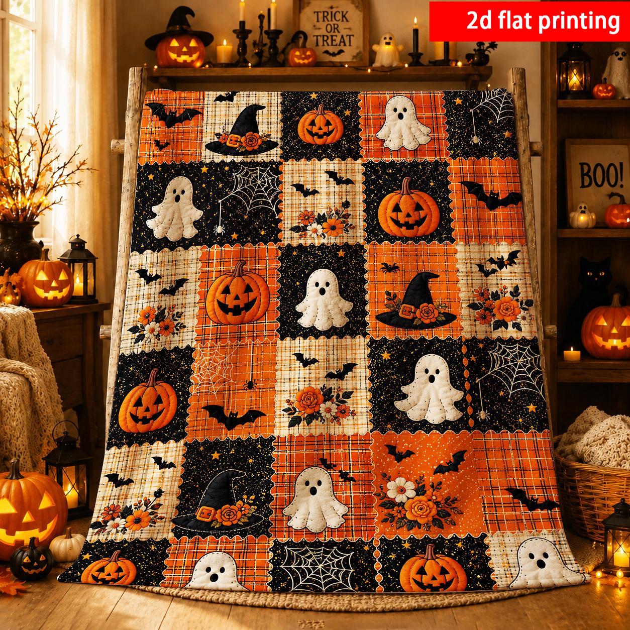 TEMU Coperta retr簷 per Halloween, stampa 2D piatta, 1 pezzo, adatta per soggiorno, camera da letto e , design a quadri arancioni e cielo stellato ,