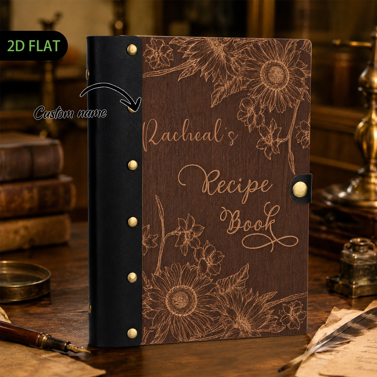 TEMU 1pc Personalized Floral Recipe Hardcover Notebook, 100 Pages, Leather Rivet , Wooden Hard Cover Design, Custom Name Cooking Journal, Family
