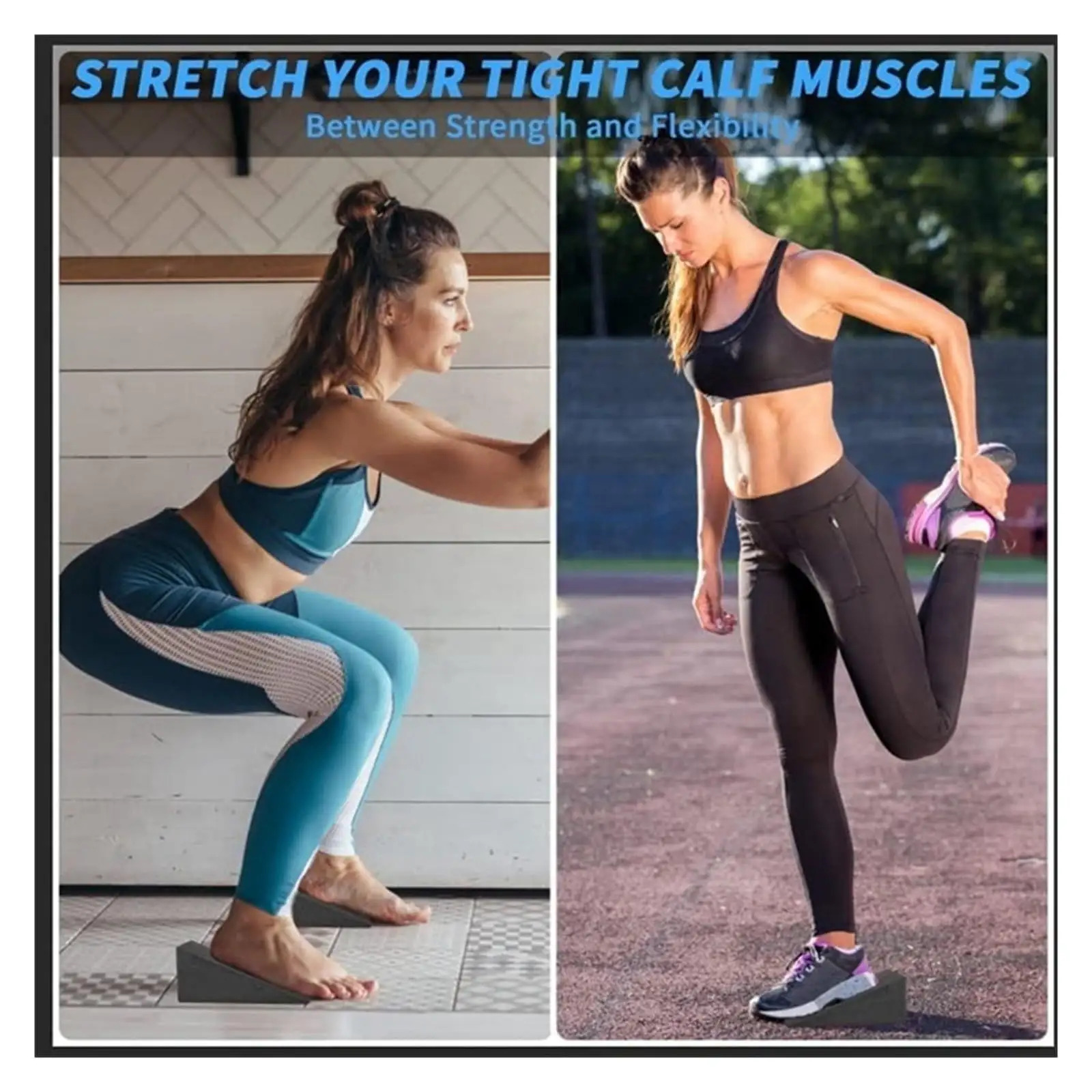 Two women stretching their calves while working out on squat wedge