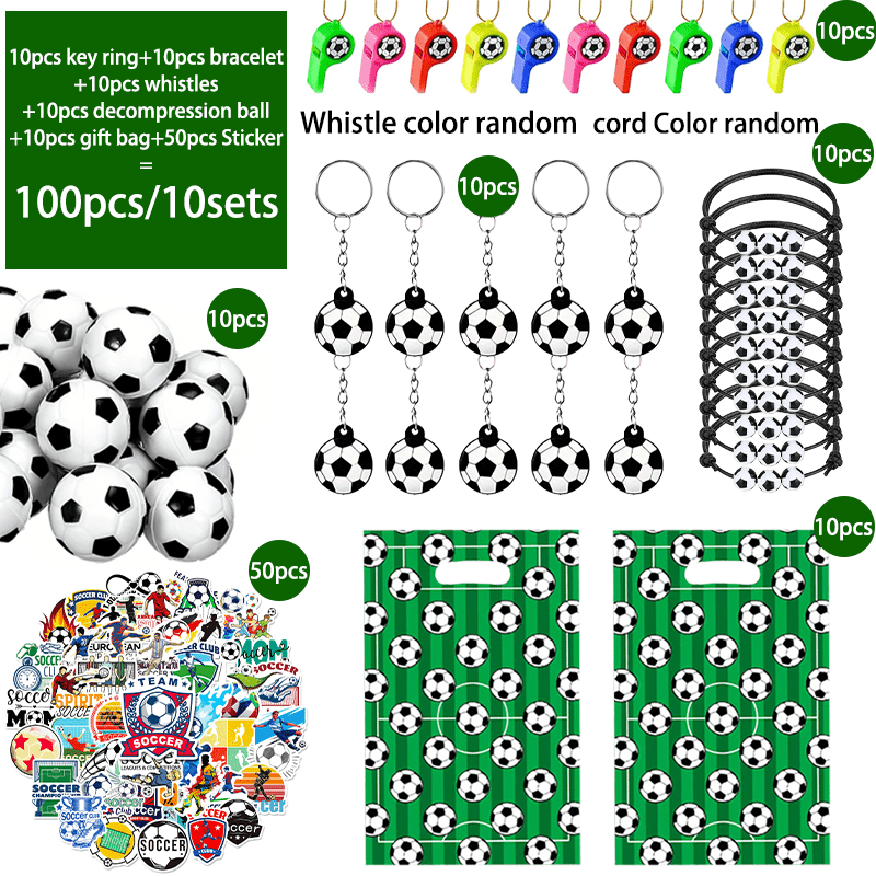 TEMU 100pcs Soccer Party Bundle With Footballs, Keychains, Bracelets, Gift Bags & Whistle - Complete Set For Birthday,, Soccer Tournament Decorations