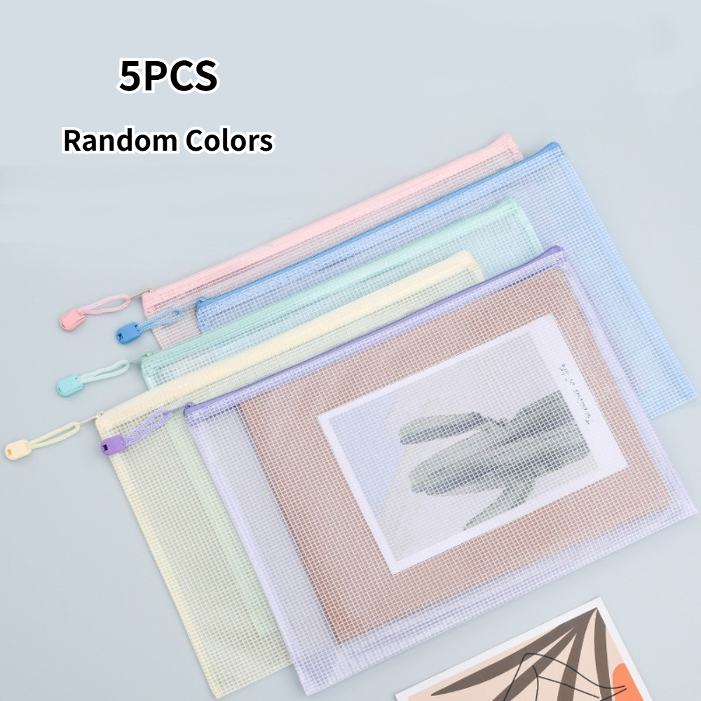 TEMU 5 Pack A4 Pvc Mesh Zipper File Pouches, Random Mixed Colors, Portable Wear-resistant Reusable Stackable Storage Bags For Documents, Art Painting