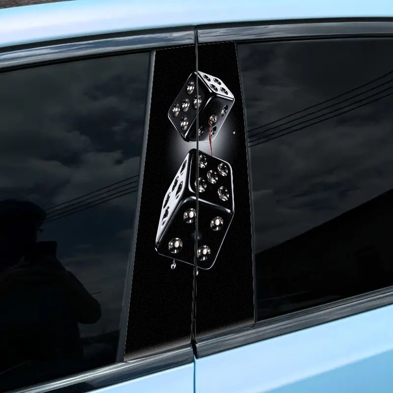 TEMU 2pcsglossy Black Dice With Metallic Silvery Car B-pillar Stickers - Shiny Reflective Surface, Vertical Red Stream , Gradient Dark Background
