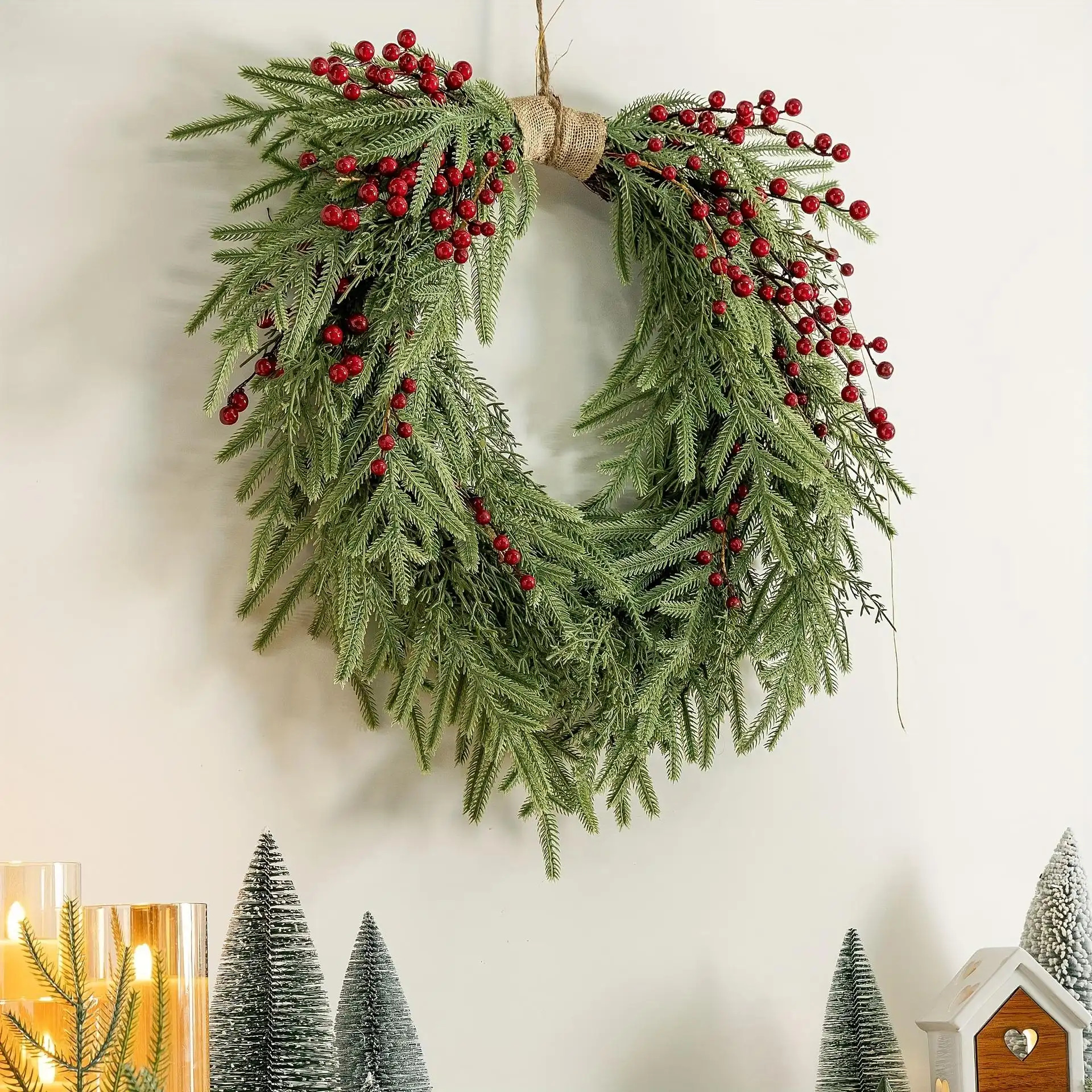 TEMU 1pc Wall-mounted Classic Christmas Wreath With Artificial Berry Branches - Feather-free & Realistic Bark & Berries, / Door/ Fireplace Decoration