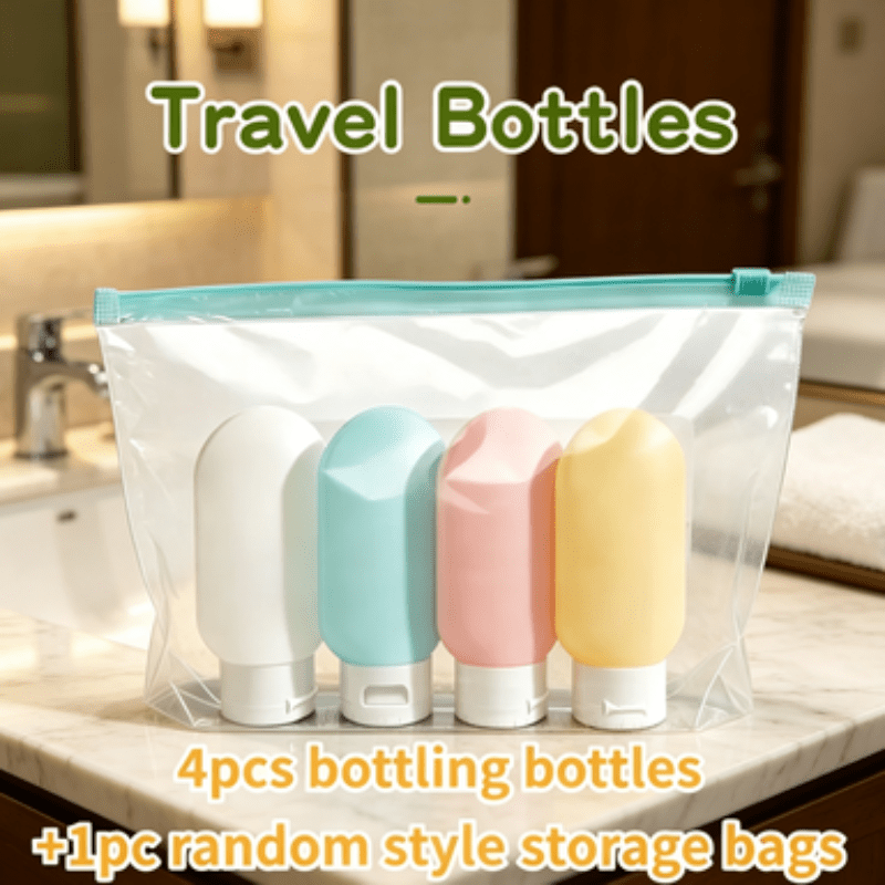Image of Travel Portable Dispensing Bottle 5pcs Set (4 Dispensing Bottles + Storage Bag). The Storage Bag Is A Random Style, Macaron Color Easy Style, Toiletries Empty Bottles, Lightweight Storage