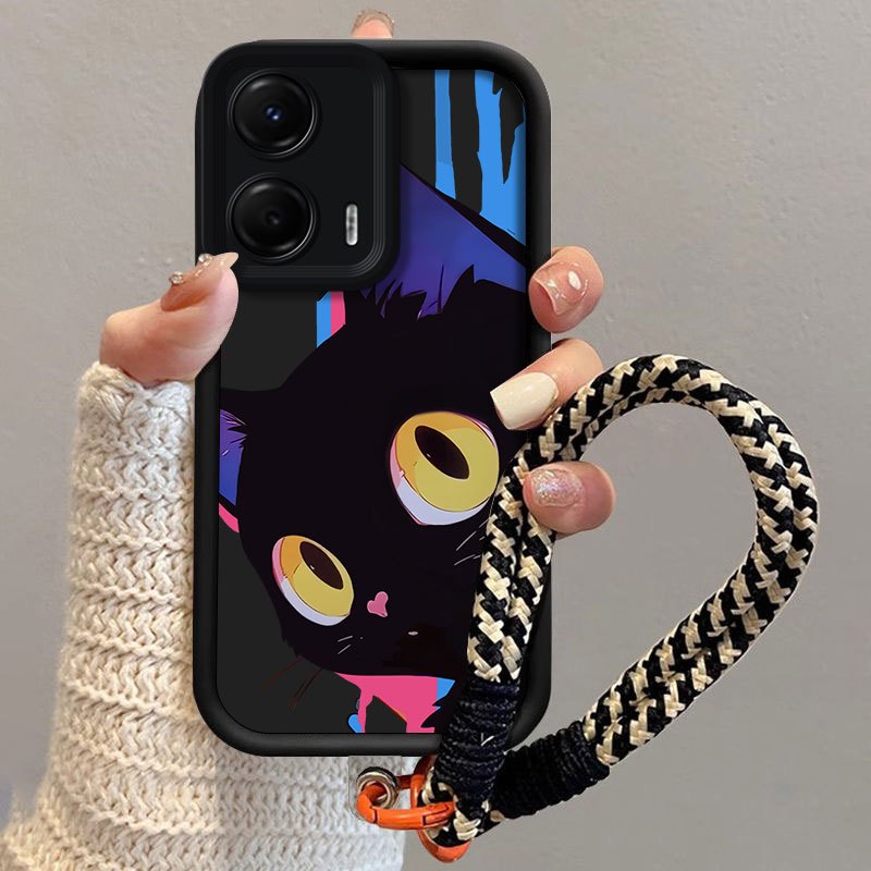 phone case cute little black cat lanyard phone cases sutible for moto g35 sutible for   men and women high quality tpu cute soft hanging rope anti fall protective case   phone case accessories