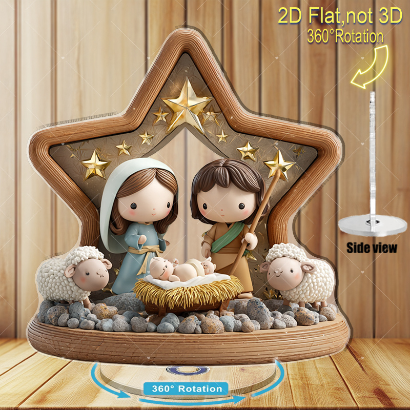 TEMU 2d Flat Printing Rotating Jesus Birth Scene Ornament - Acrylic Painted Style Manger Scene With Mary, Joseph, And Jesus - Outdoor Christmas Decor