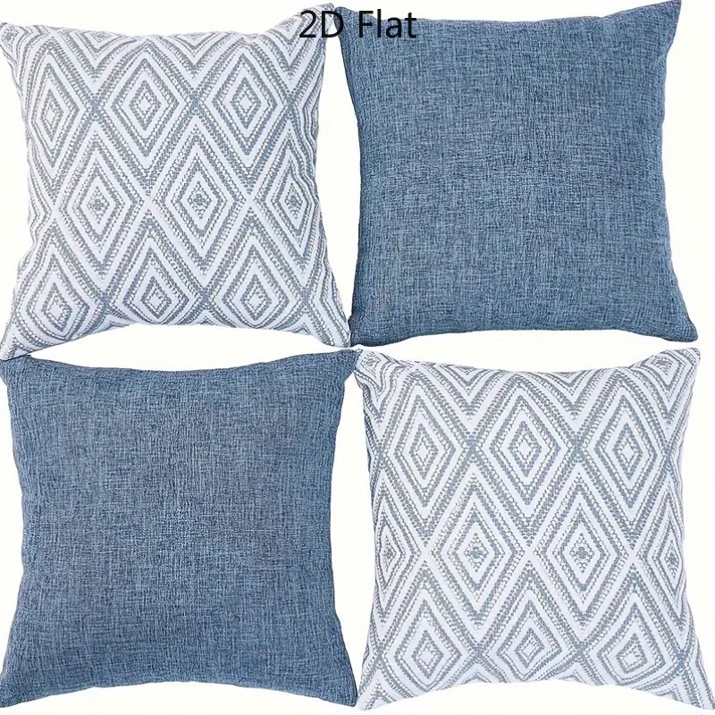 TEMU 2d 4pcs Set Blue-gray Minimalist Diamond Solid Pillowcases, Includes 2 Patterns: Gray-white Geometric Diamond And Solid Linen Texture Blue, 2d