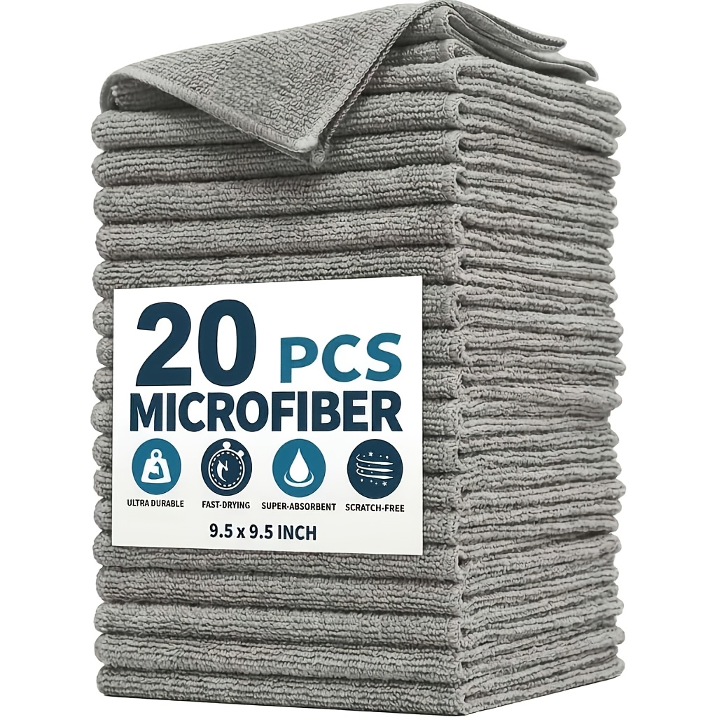 TEMU 20pcs Gray Microfiber Cleaning Cloths, Reusable Absorbent Cleaning Rags For Kitchen, Car, Screens, Pet Bowls And Household Cleaning
