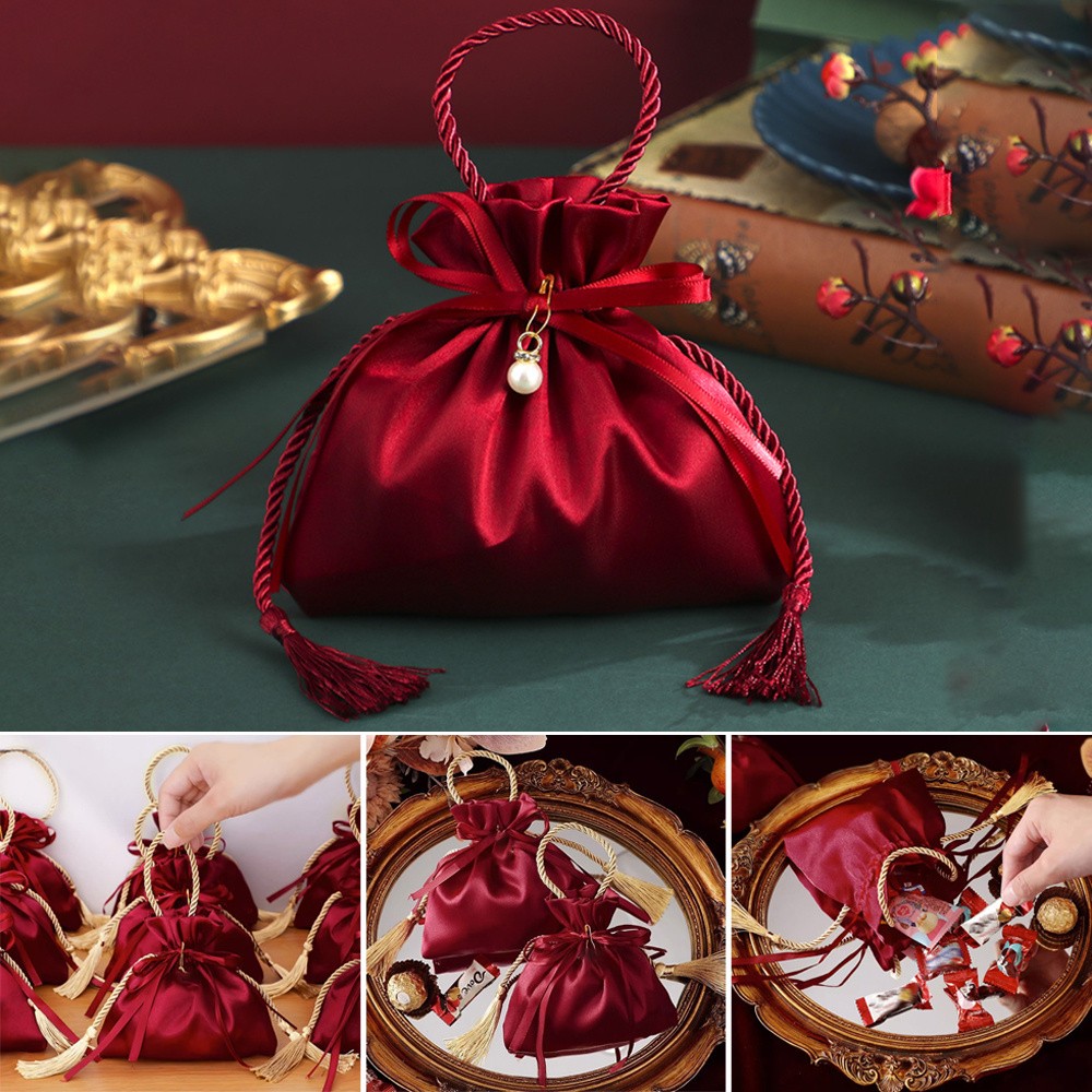 3pcs Creative Red Tassel Drawstring Gift Bags