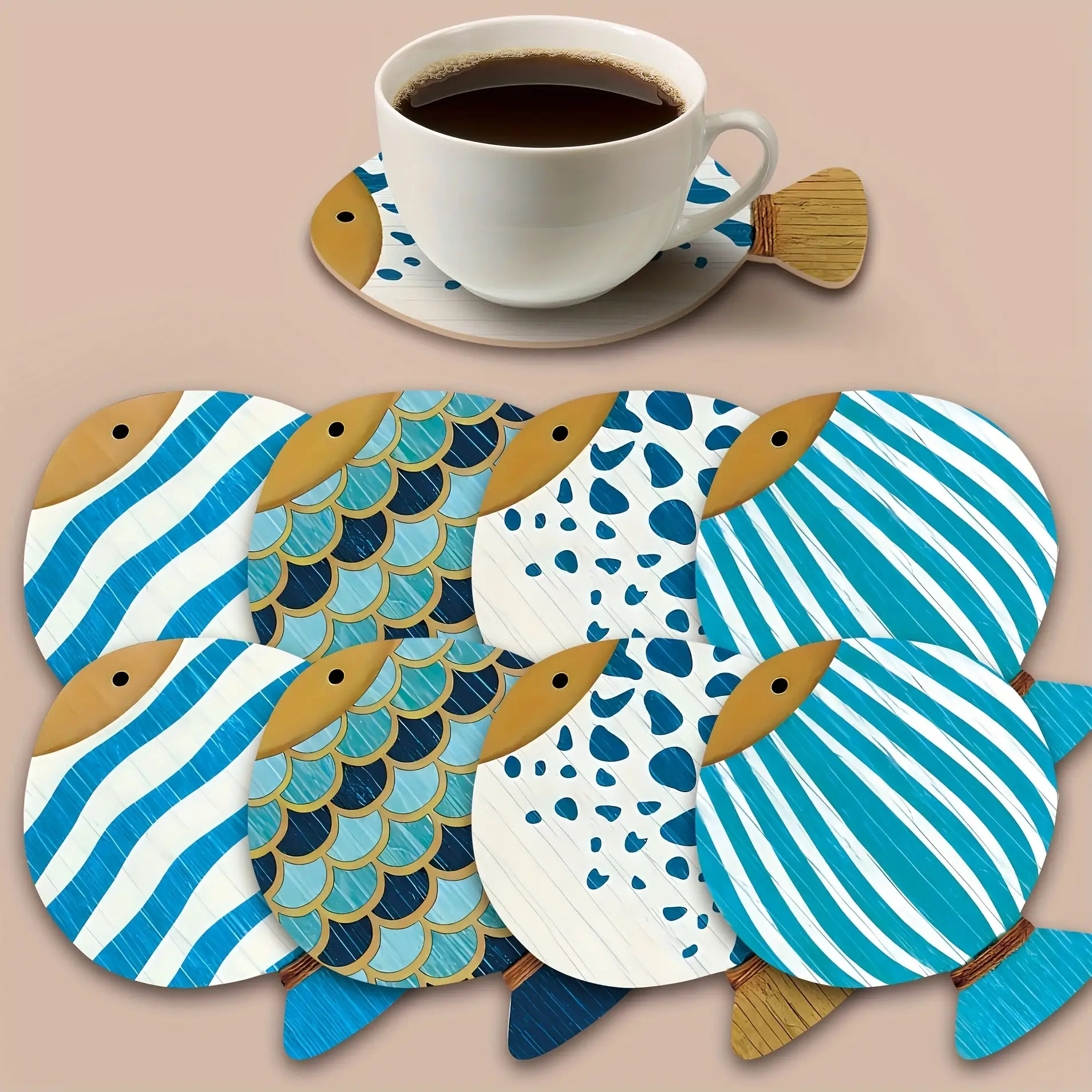 TEMU Set da 8 sottobicchieri in legno a forma di pesce - Resistenti al calore e antiscivolo, adatti per tazze da caff癡 e t癡, protezioni per tavolo a