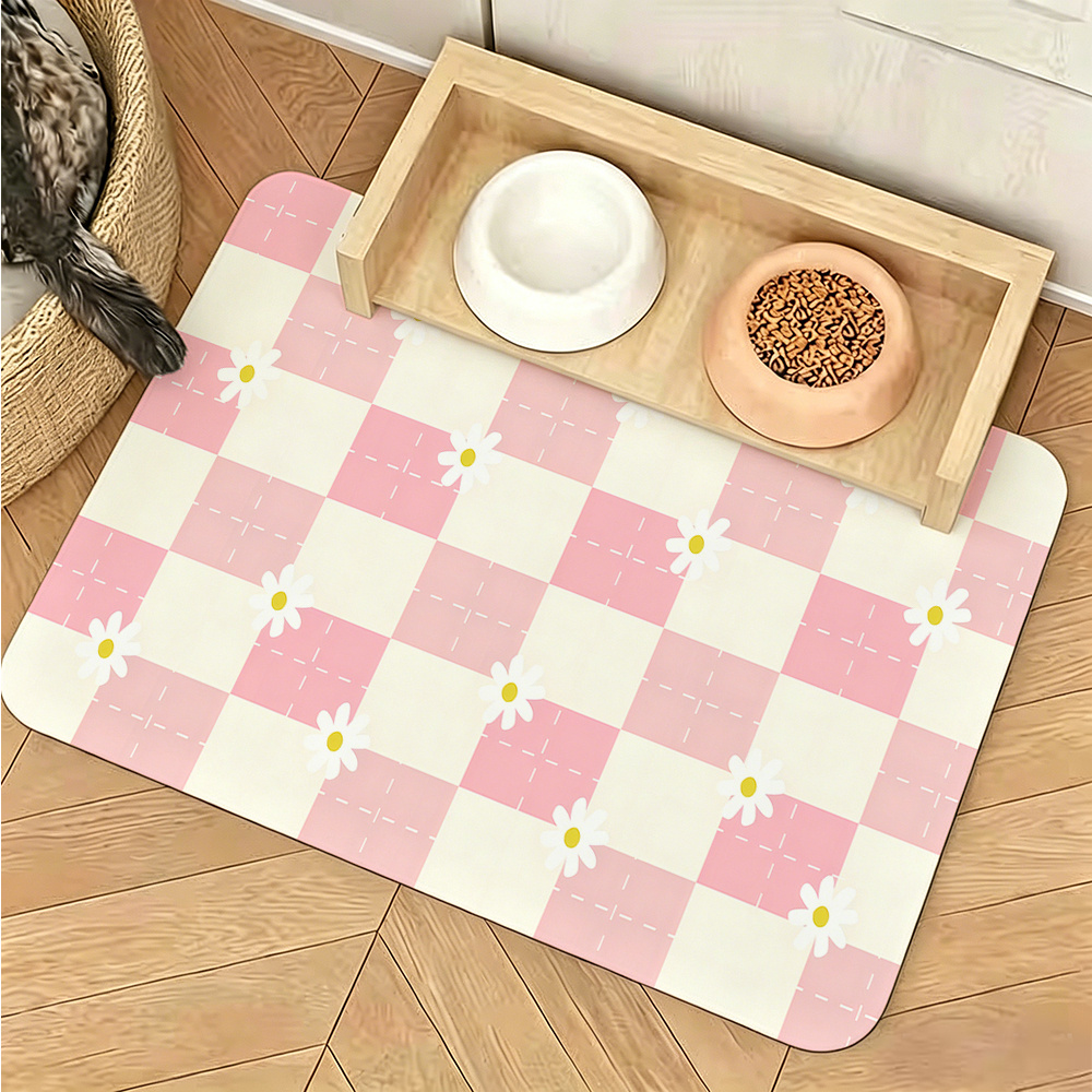 TEMU 1pc, Small Daisy And Pattern Pet Feeding Mat, Non-slip Rubber Material, Printed With Pink And White And White Small Daisies, Suitable For Pet