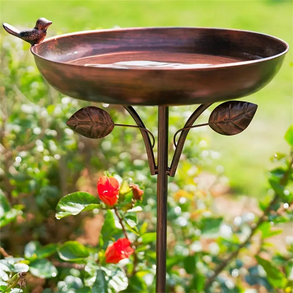 

1pc Vintage Bronze Bath, Standing Garden Bird Feeder Bath With Decorative Leaves, Outdoor Bird Watering Station For