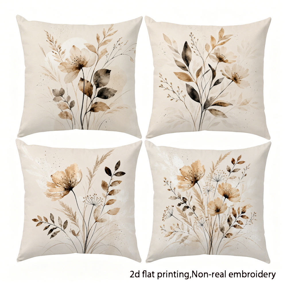 TEMU Set Of 4 Ink Wash Dried Flower Decorative Pillowcases, Coffee-colored Watercolor And Reed Print Living Room Sofa Cushion Covers, Single-sided
