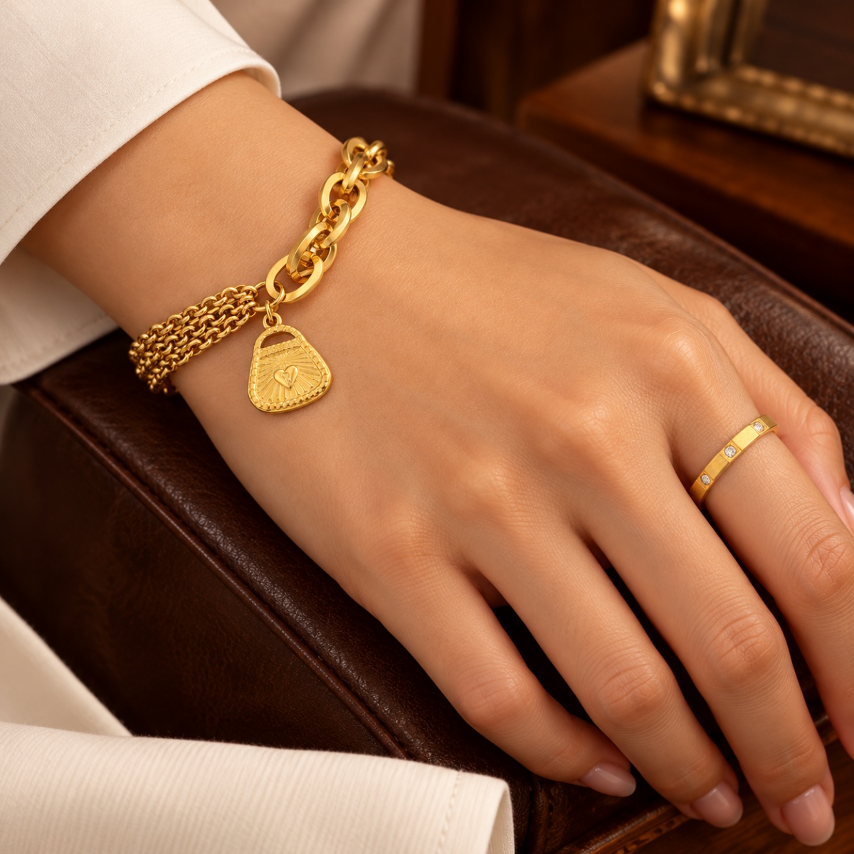 2pc Women's Heart Lock Bracelet & Zirconia Ring Set