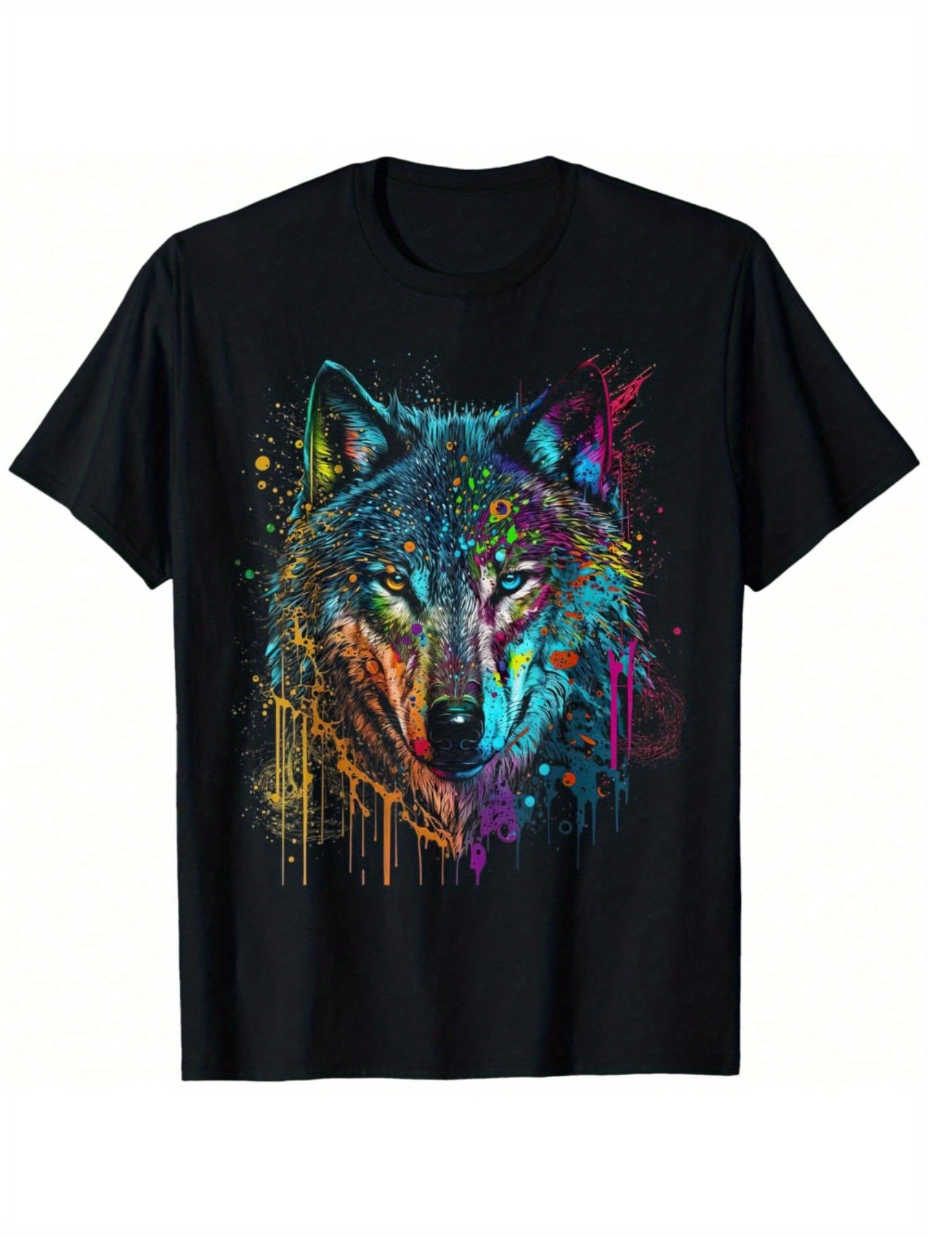 herren t-shirt mit wolf-gesicht-print – lebendiges aquarell-motiv, 100% baumwolle   fit kurzarm, atmungsaktiv & dehnbar, schwarzes casual shirt für alle jahreszeiten, künstlerisches mode-stück, maschinenwaschbar