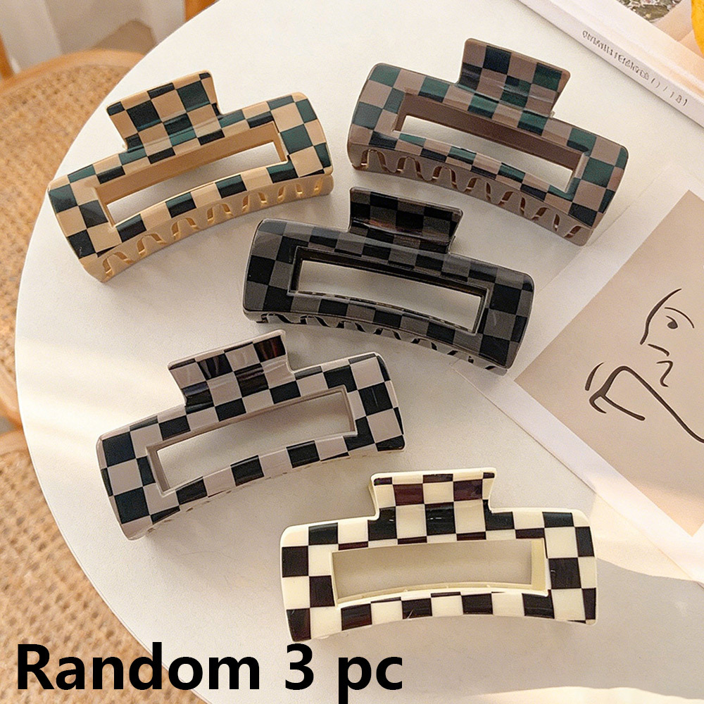 TEMU 3pcs Random Color Checkered Hair Clip, Large Hollow-out Printed Hair Clip, Women's Easy And Versatile Hair Accessory, Suitable For Daily And