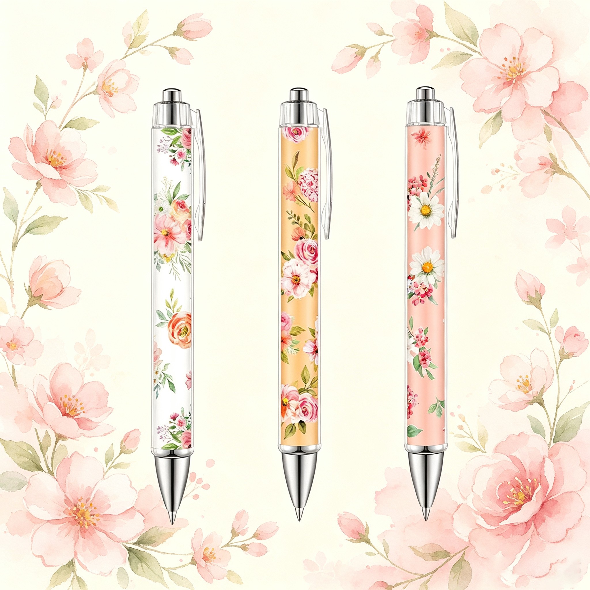 TEMU 3-pack Floral Print Click, 3 Fresh-colored Barrels, Smooth Writing, Long-lasting, Resists Eye , Black Ink, Women's Floral Writing For Journals,