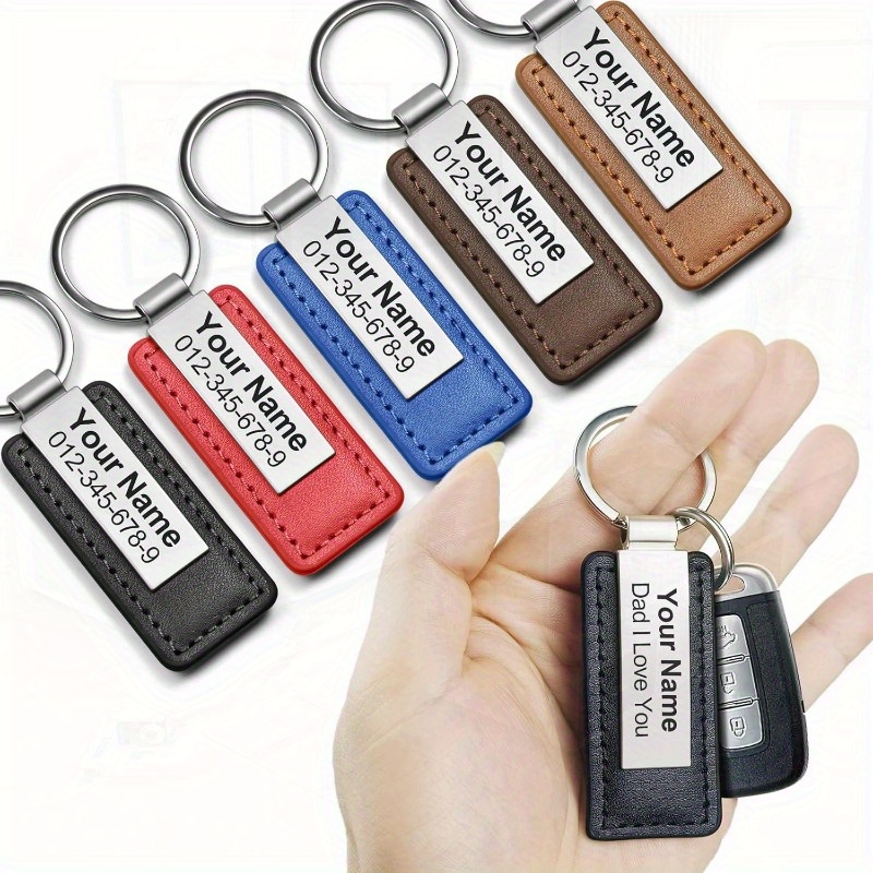 E-shop Graviertes Schlüsselanhänger aus Kunstleder mit Edelstahl-ID-Tag – Schlüsselanhänger für Herren mit Namen und Telefonnummer, Vatertagsgeschenk,