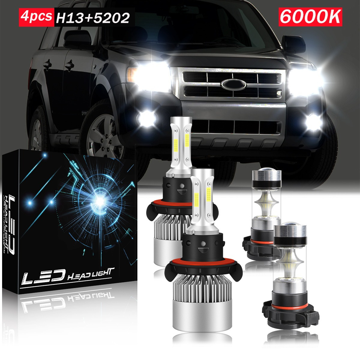 

For Ford Escape 2008-2012, Led Headlight Bulbs, H13/90008 High/low Beam+5202/h16 Fog Lamp Bulbs, 6000k White Light, Easy To , Fan Cooling, Headlight Bulbs Replacement Parts, 4pcs