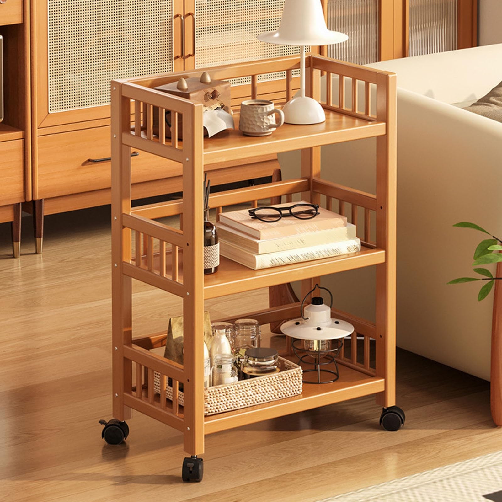 3-tier Rolling Storage Cart With Wheels, Mobile Utility Organizer With Safety Rails For Kitchen, Living Room, Bathroom, Office, Easy To Move, Versatile Storage Solution