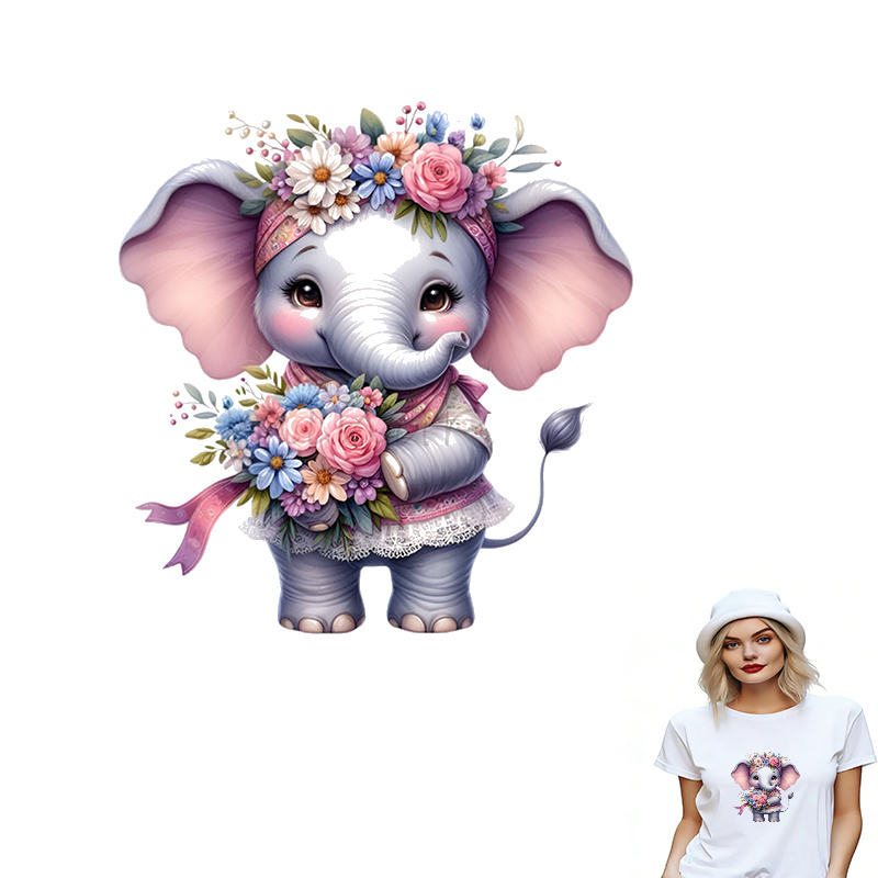 3pcs Cute Little Elephant Floral Pattern T-Shirt Iron-On Transfer Stickers, Heat Transfer, Iron-On Transfer, DIY Heat Transfer Decals, Apparel Factory Special Decals, Clothing Decoration, Cuttable Seamless Fit, Vinyl Material, High Toughness