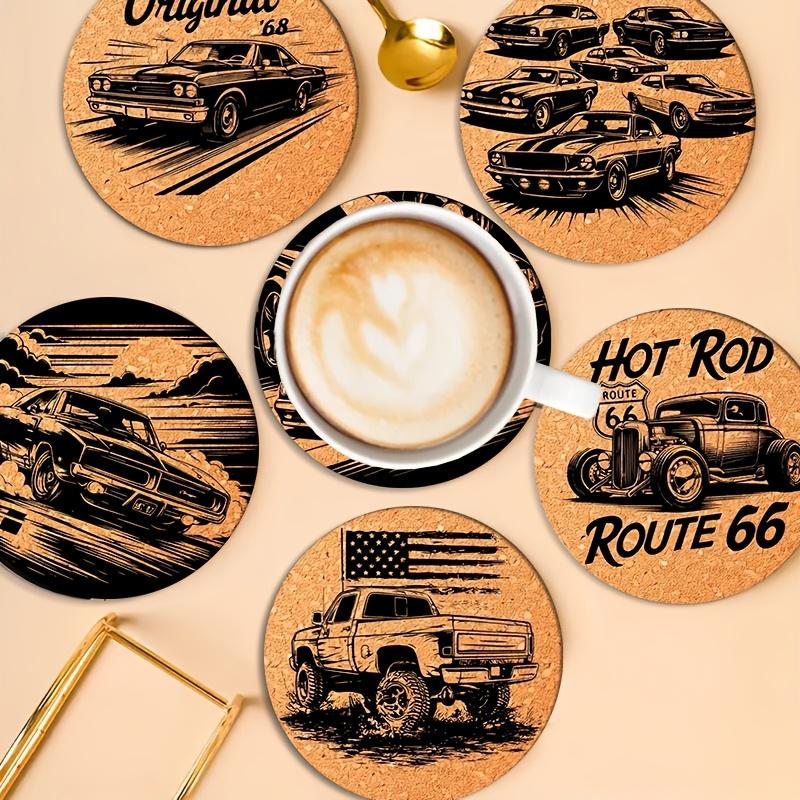 TEMU 6pcs Retro Car Wooden Coaster Set - Suitable For Drinks, Coffee, Office, Kitchen, And Table Mats, Non-slip And Heat-resistant, With Bright And