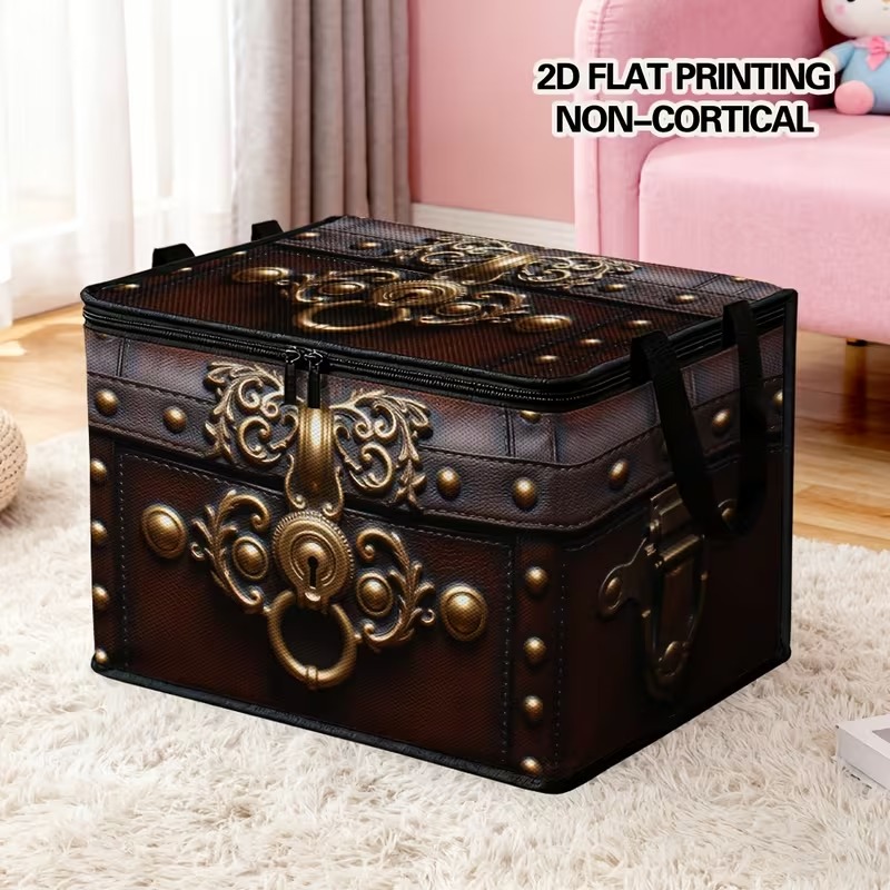 TEMU Single-piece Clothing Storage Box With Lid, Featuring An Ornate Brass Chest Lock-. Made From Soft Fabric, Suitable For 2d Flat Printing. Large