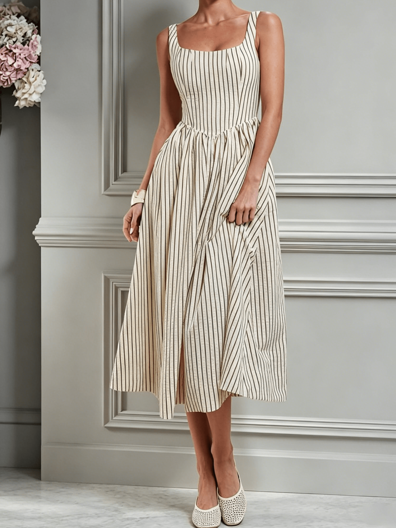 Apricot-Base Vertical Stripe Printed Square Neck Cami Dress Women'S  *-Length Waist-Cinched Flared Style Minimalist Retro * for Workwear *  Spring/Summer Office Commutes And Everyday *