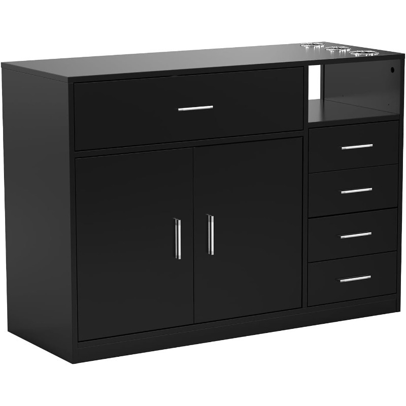 TEMU Omysalon Free Standing Barber Station Cabinet With 5 Drawers & Storage Cabinet, 3 Hair Dryer Holders, Heavy-duty Construction - Modern Furniture