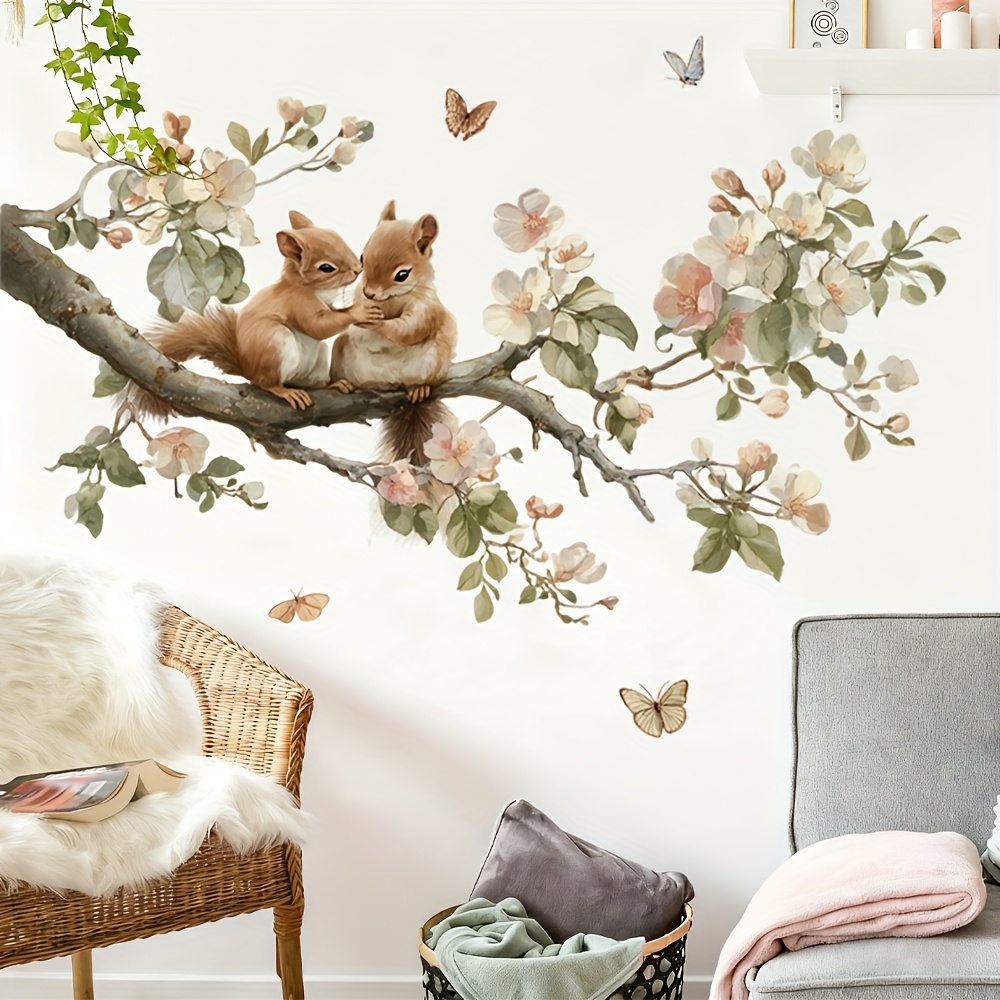 Image of Spring-themed Wall Stickers Featuring Squirrels And Butterflies, Self-adhesive Decorations For Room And Bedroom Walls