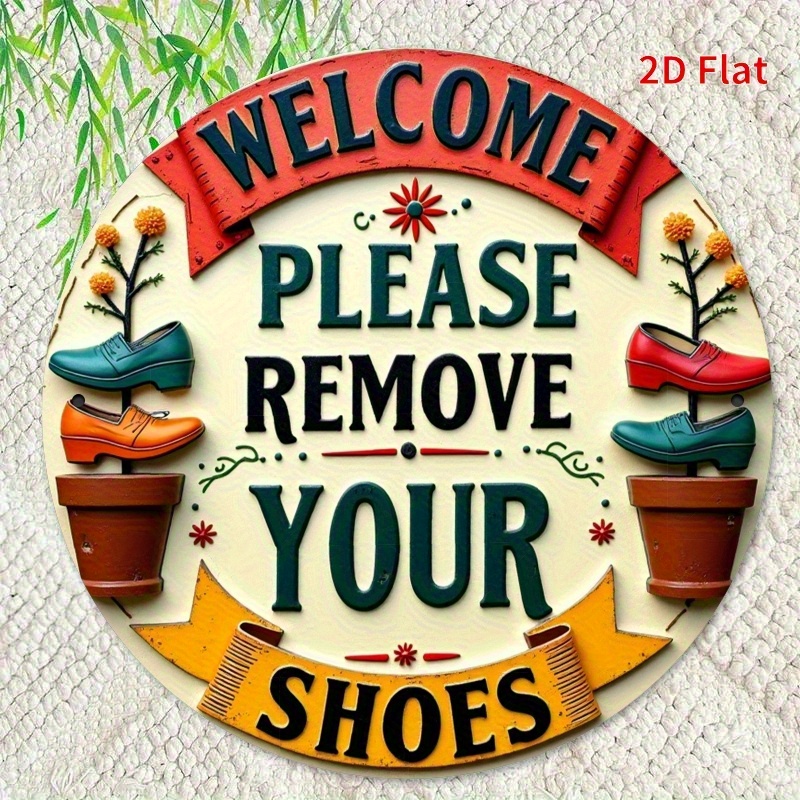 TEMU 2d Flat 2d Flat, 1pc Round Wooden Sign - Welcome Please Remove Shoes, 2d Flat High-definition Printed Colorful Shoes And Potted Plants Wall