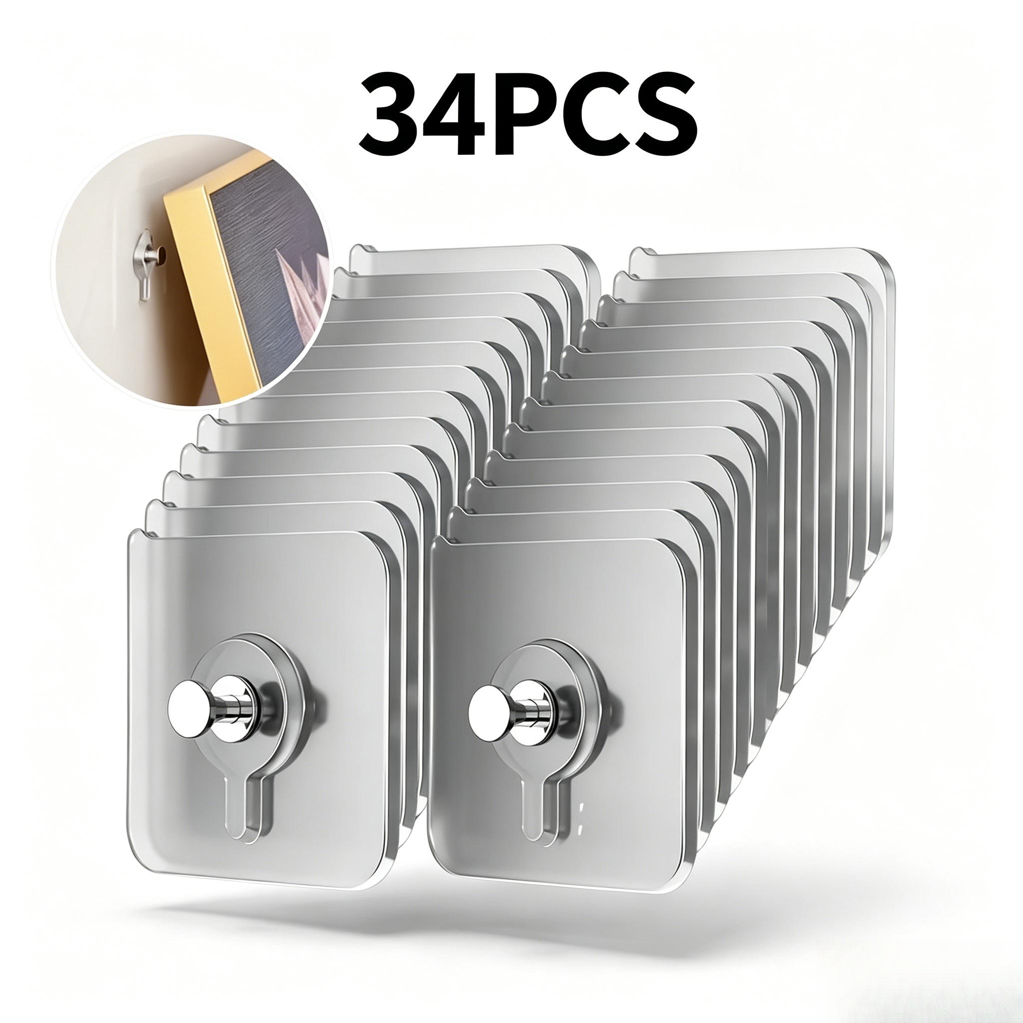 TEMU 34pcs Heavy-duty Traceless Self-adhesive Hooks, No Drilling No Nails Wall-safe, 5kg, Rust-proof, Strong Adhesive Removable Without Trace, ,