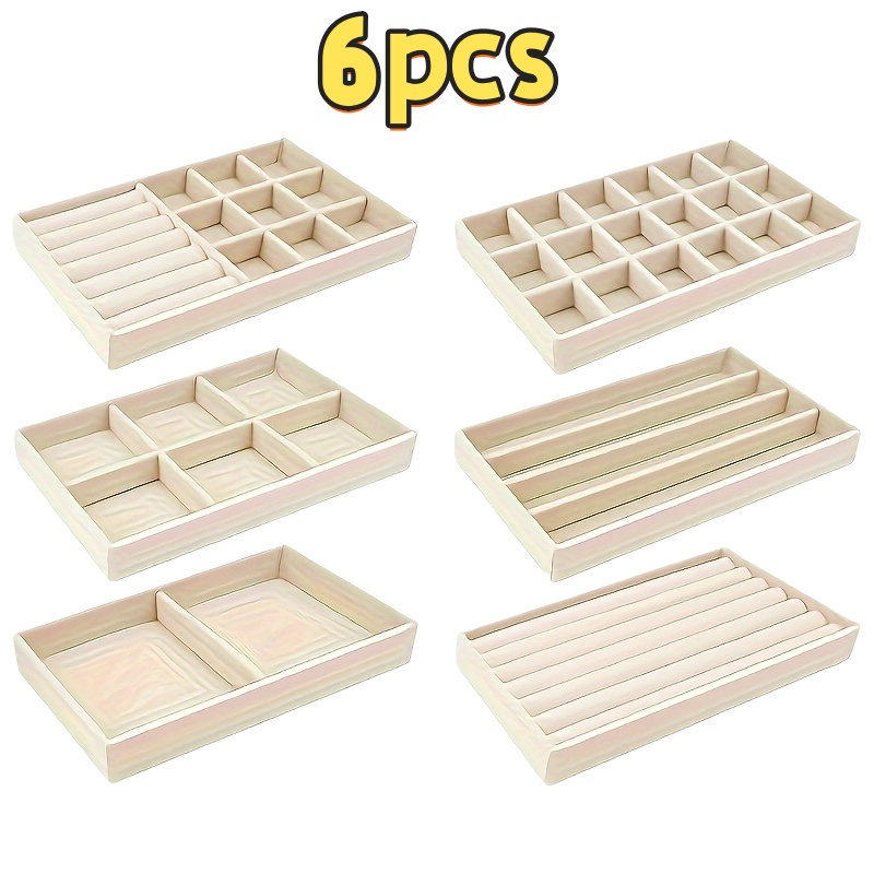 TEMU 6pcs Beige Stackable Jewelry Storage Rack, Jewelry Tray, Velvet Material, Jewelry Drawer Storage, Suitable For Rings, Bracelets, Brooches,