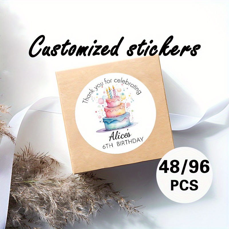 TEMU Custom 48/96pcs "cake Celebration" Round Stickers, Personalizable Content (like Name, Date, Etc.). Featuring A Watercolor - Style Multi - Tiered